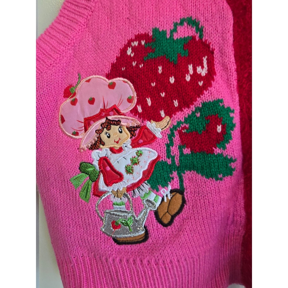 NWOT Strawberry Shortcake Pink Knit Sweater Vest Embroidered Heart Sequin Med - Picture 2 of 14